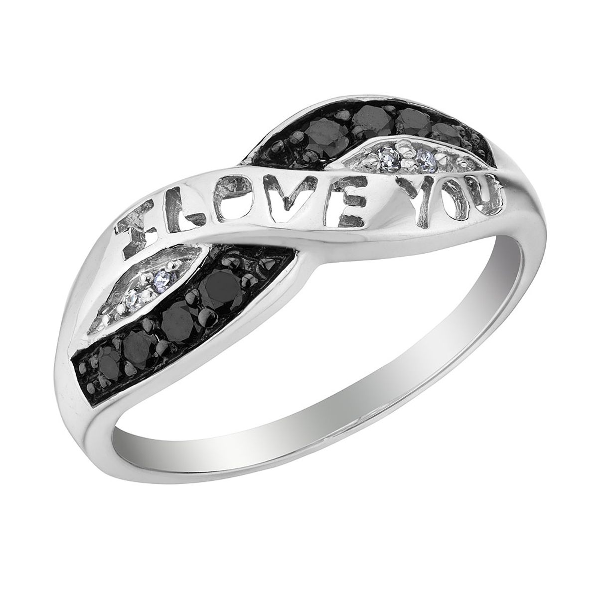 White and Black Diamond I Love You Promise Ring 1/10 Carat in Sterling Silver - Ring size: 5