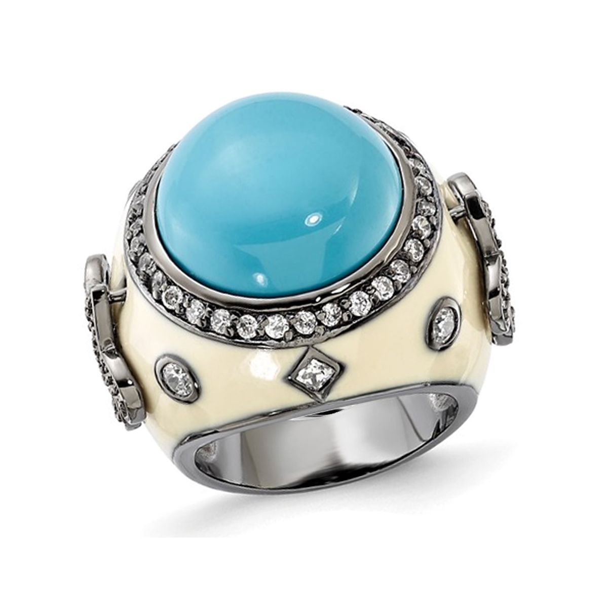 Sterling Silver Synthetic Turquoise Cocktail Fleur-De-Lis Ring - Ring size: 8