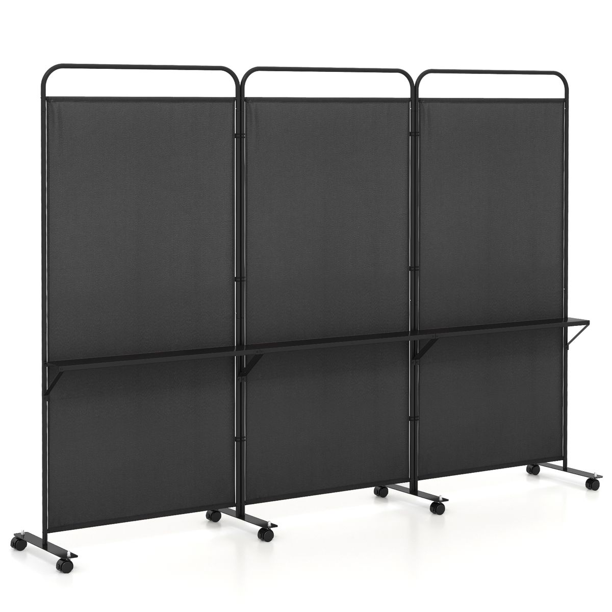 3-Panel Folding Room Divider with 3 Metal Shelves (4 Colors) - Room Dividers -Black