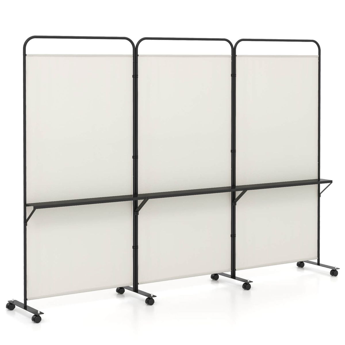 3-Panel Folding Room Divider with 3 Metal Shelves (4 Colors) - Room Dividers -White