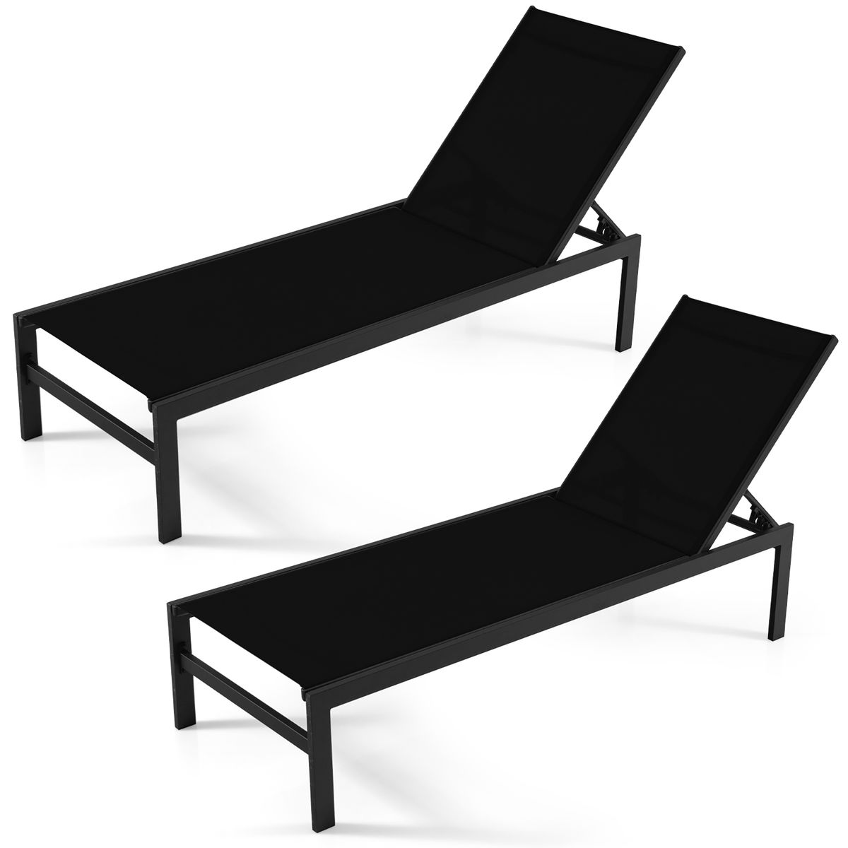 6-Position Chaise Lounge Chair with Rustproof Aluminum Frame (1 or 2-Pack) - 2pcs Lounge Chair -Black