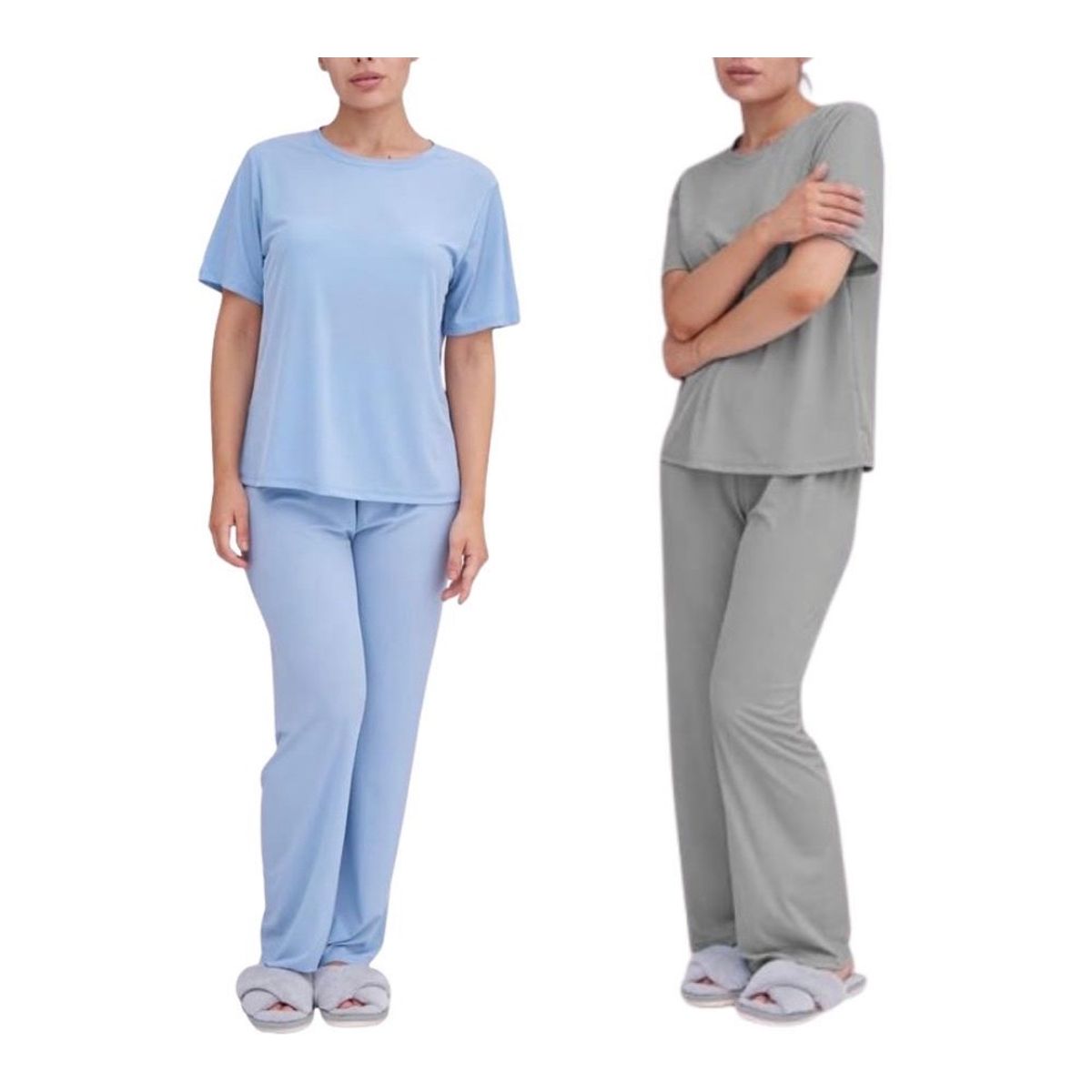 Women's Silky Short Sleeve Pajama Set with Top & Bottom (2-Pack) - Blue & Grey- Medium/Large