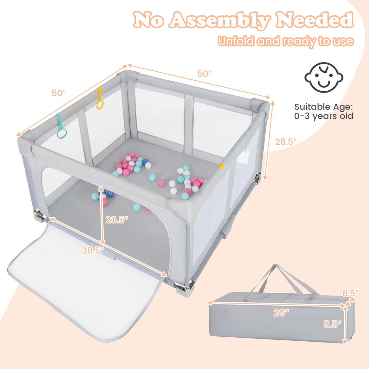 Honeyjoy Large Baby Playpen with Zipper Gate  - Baby Playpen-50‘’*50‘’