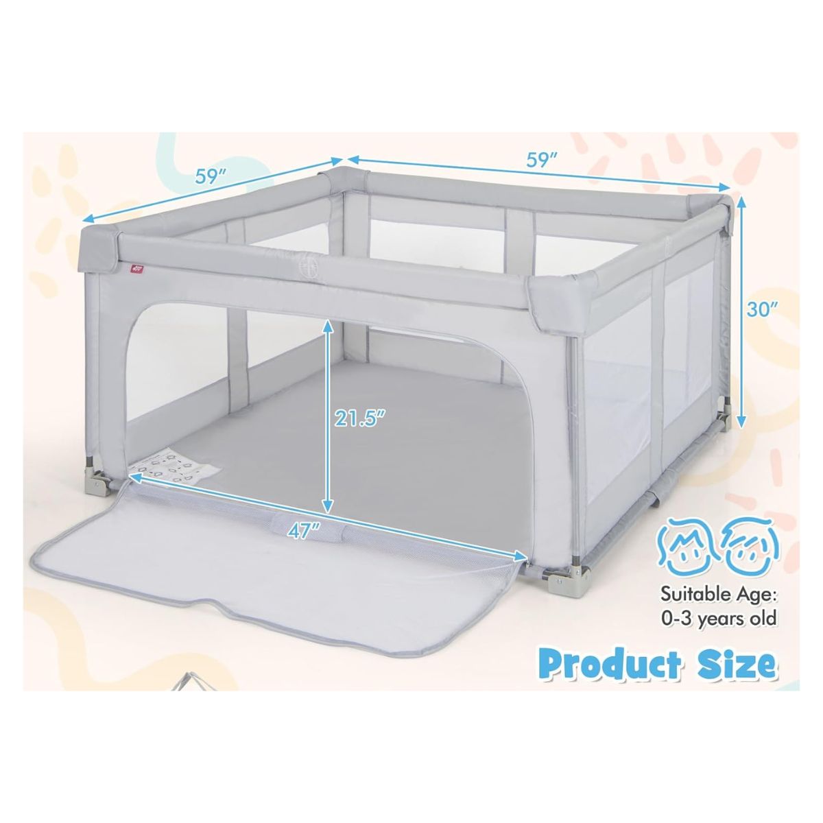 Honeyjoy Large Baby Playpen with Zipper Gate  - Baby Playpen-59‘’*59‘’