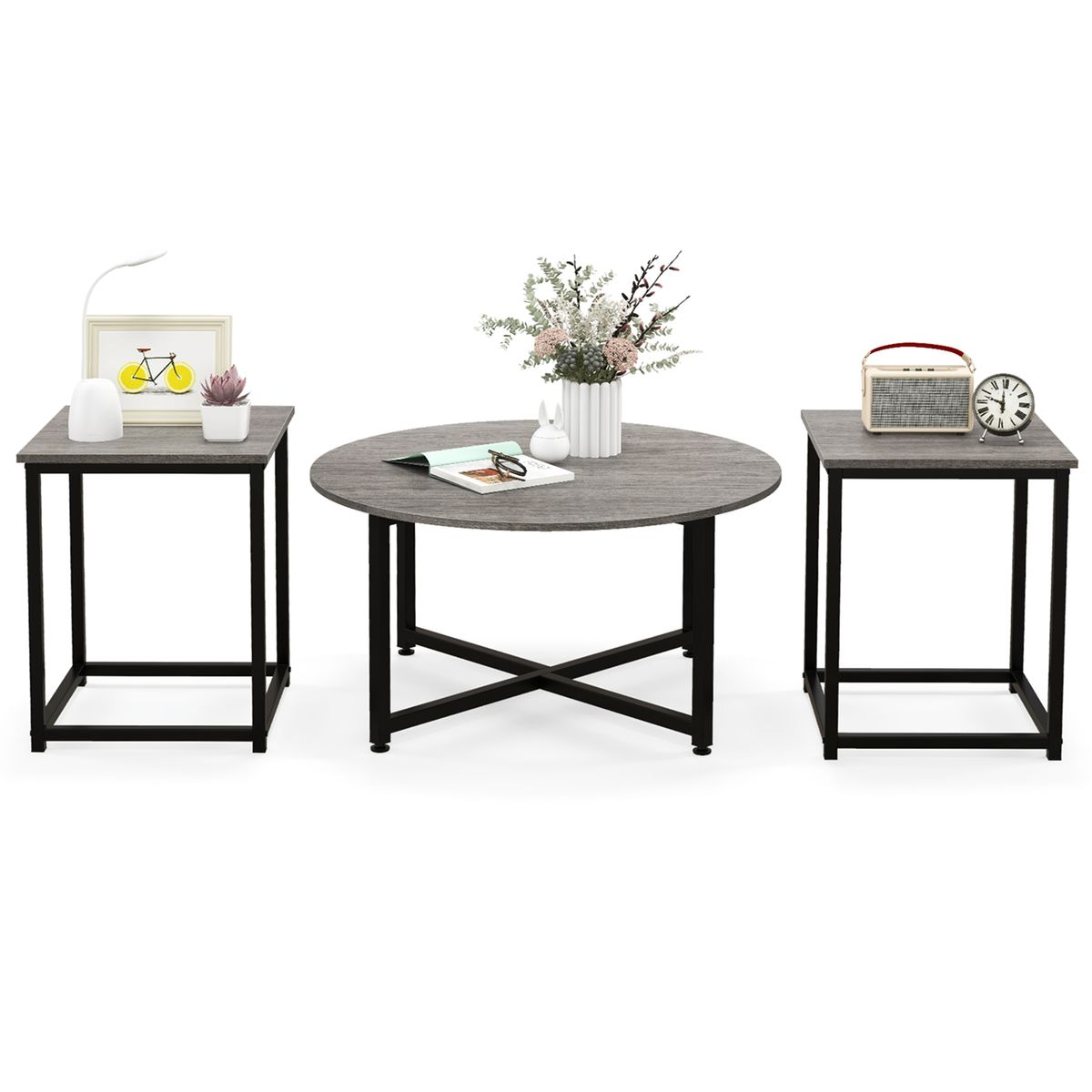 3-Piece Round Coffee Table Set with End Tables - Coffee Table Set-Gray