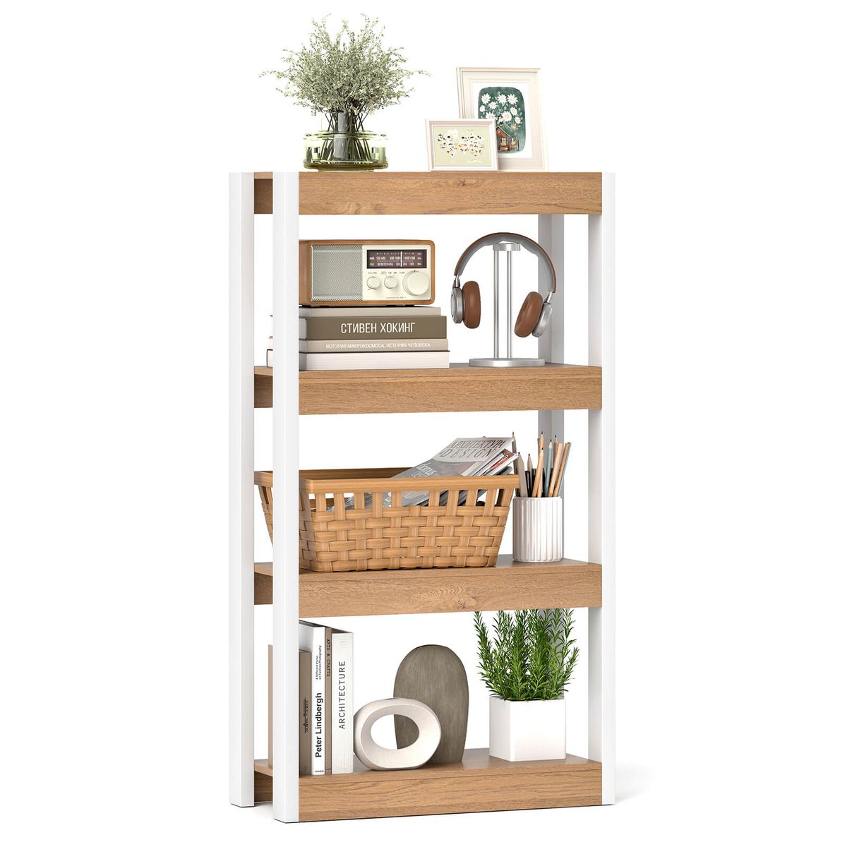 4-Tier Wooden Bookcase (1 or 2-Pack) - 1PCS Bookshelf-Natural