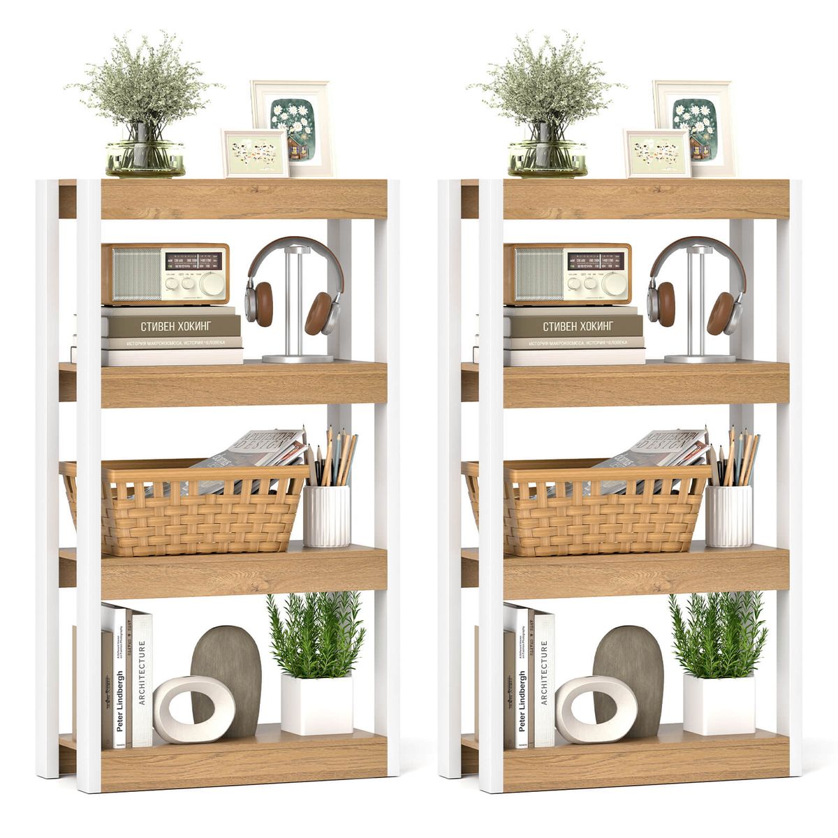 4-Tier Wooden Bookcase (1 or 2-Pack) - 2PCS  Bookshelf-Natural