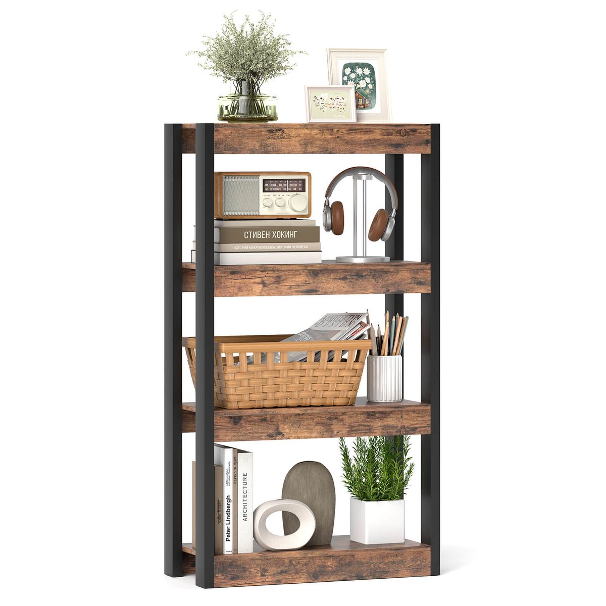4-Tier Wooden Bookcase (1 or 2-Pack) - 1PCS Bookshelf-Brown