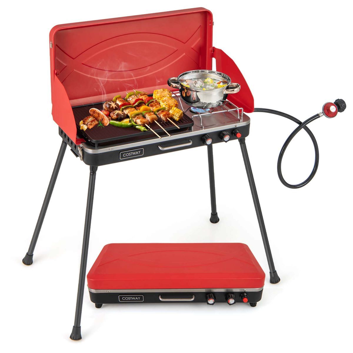 2-in-1 Gas Camping Grill and Stove with Detachable Legs - Costway 2-in-1 Propane Grill - Red