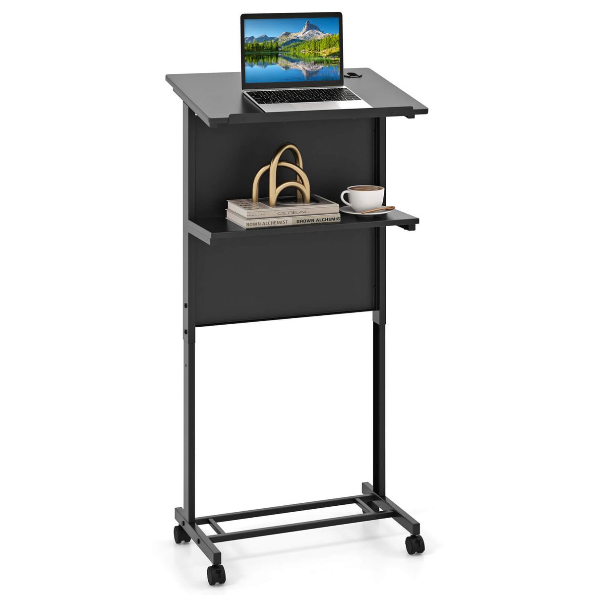 3-Position Height-Adjustable Lectern with Tilted Tabletop - Rolling Laptop Cart-1