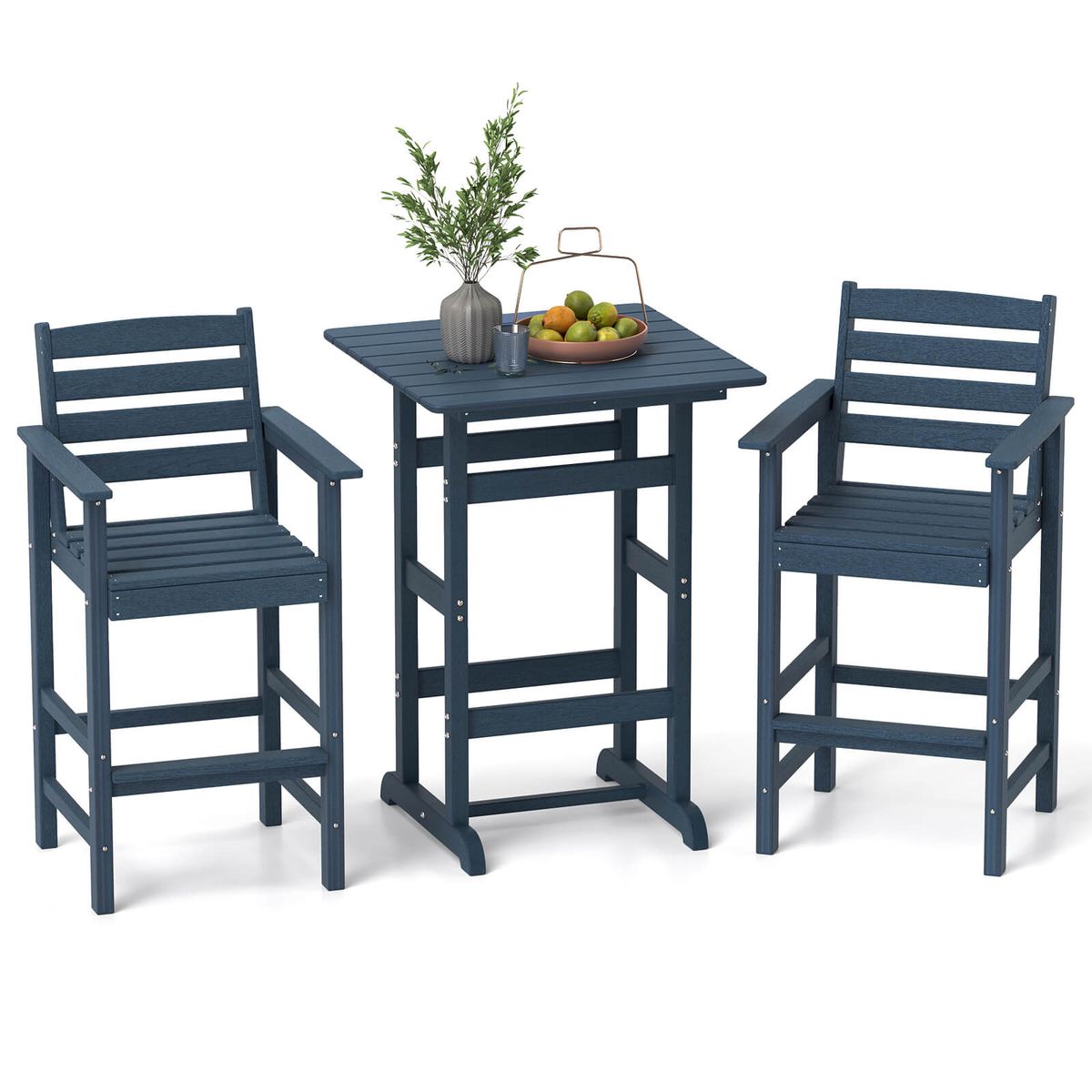 3-Piece Adirondack Bar and Table Set - Patio HDPE Bar Set -Navy