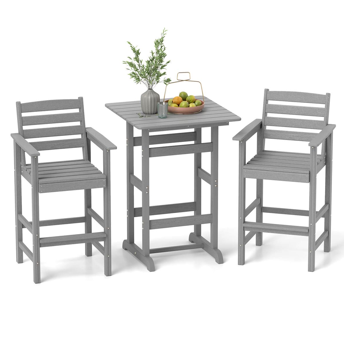 3-Piece Adirondack Bar and Table Set - Patio HDPE Bar Set -Gray