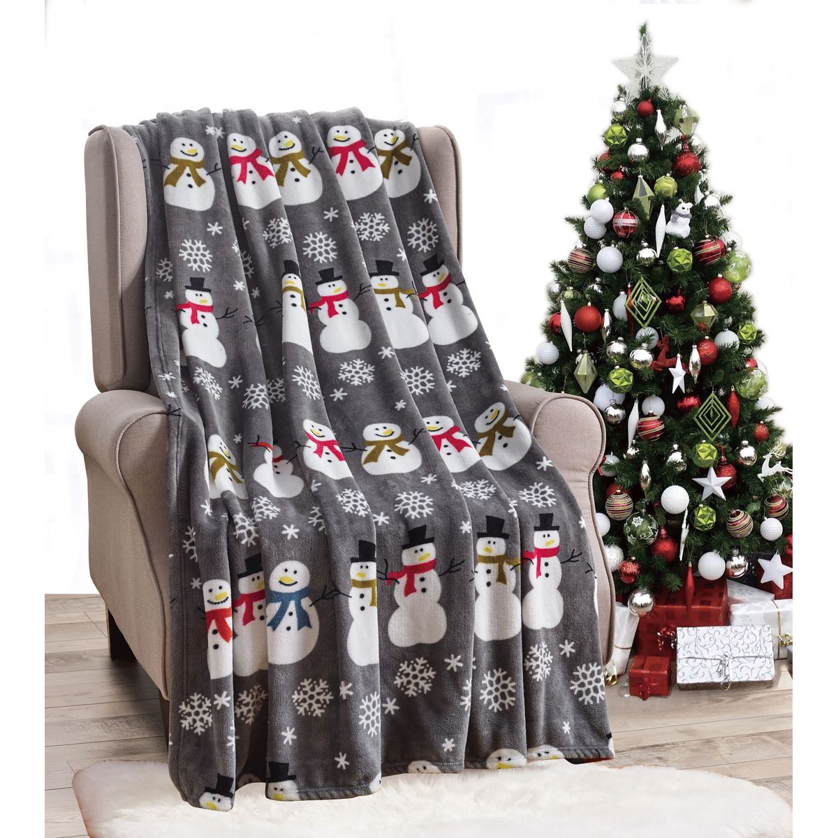 50 x 60-Inch Microplush Holiday Throw Blanket - Gray Snowman