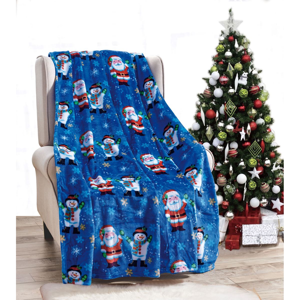 50 x 60-Inch Microplush Holiday Throw Blanket - Santa-Snowman