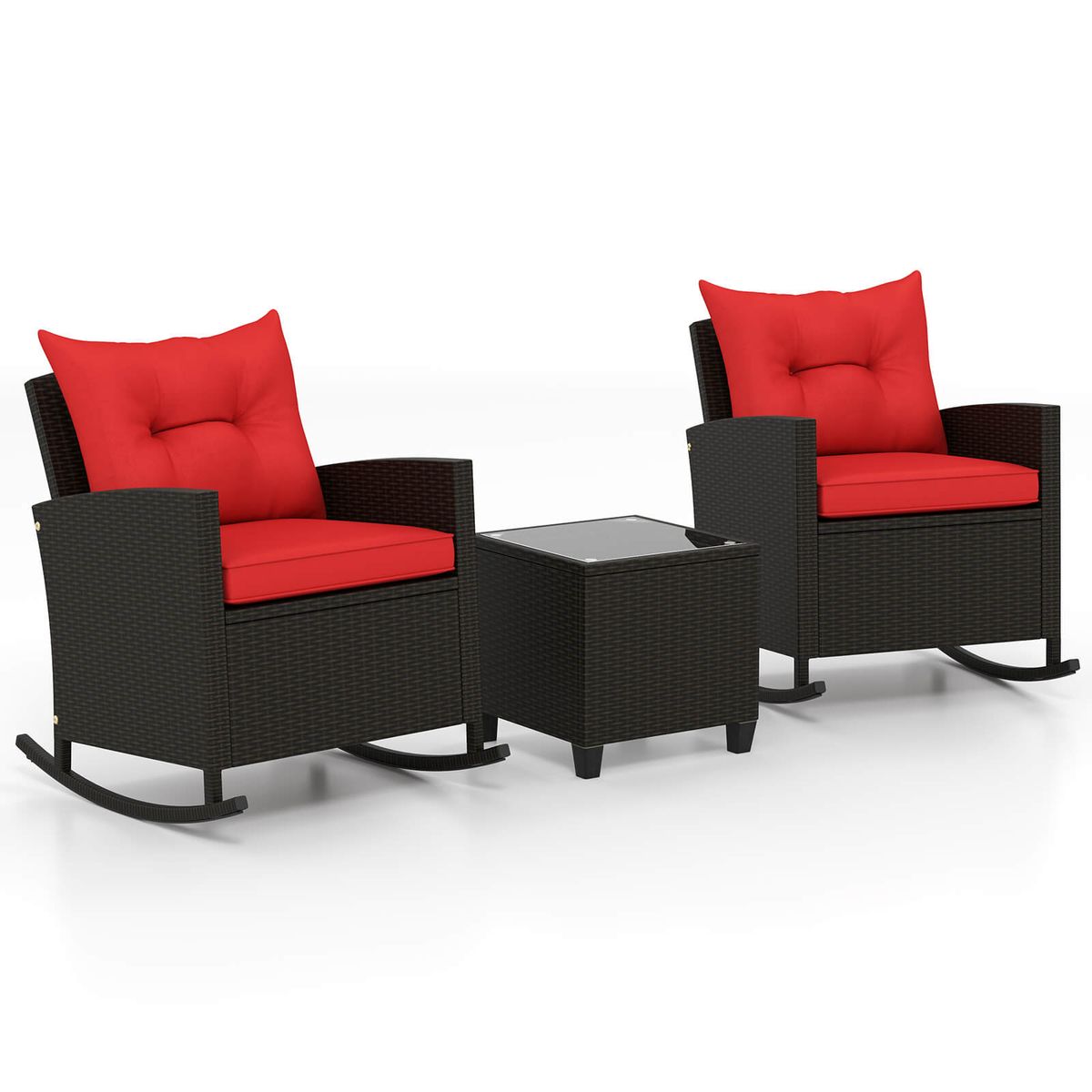 3-Piece Patio Rattan Rocking Chair Set with Tempered Glass Table & Soft Cushions - Rocking Set -Red