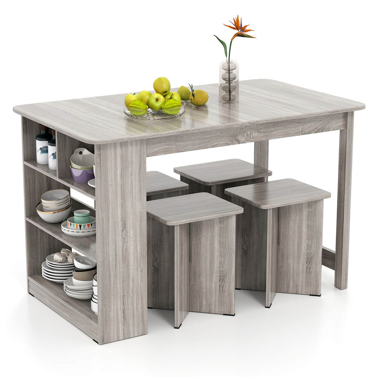 5-Piece Dining Table Set with Built-in Shelves - Dining Table Set -Gray