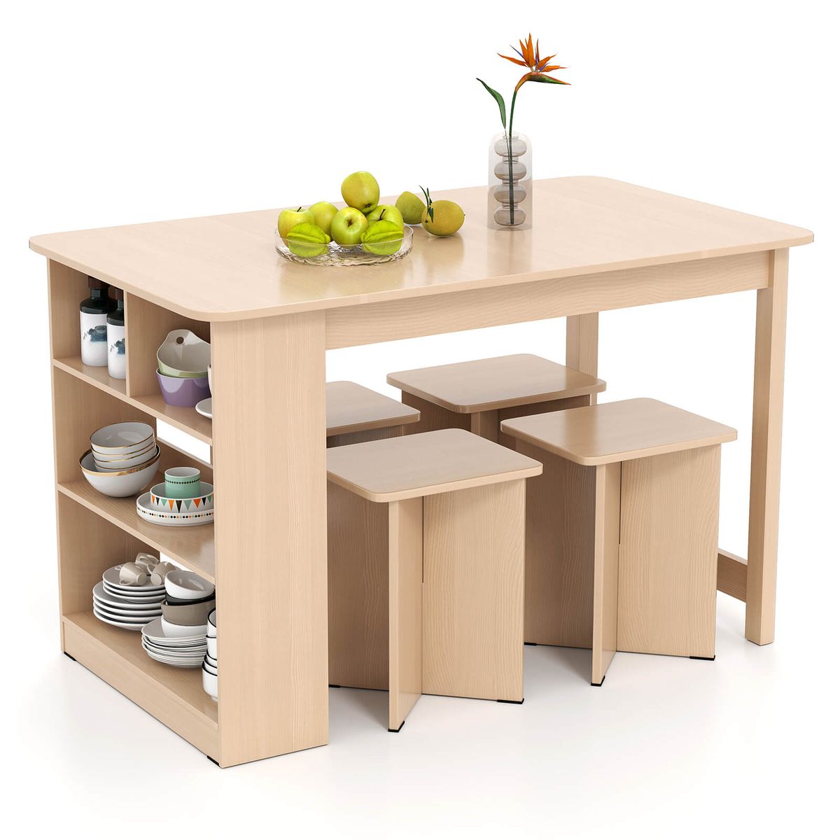 5-Piece Dining Table Set with Built-in Shelves - Dining Table Set-Beige