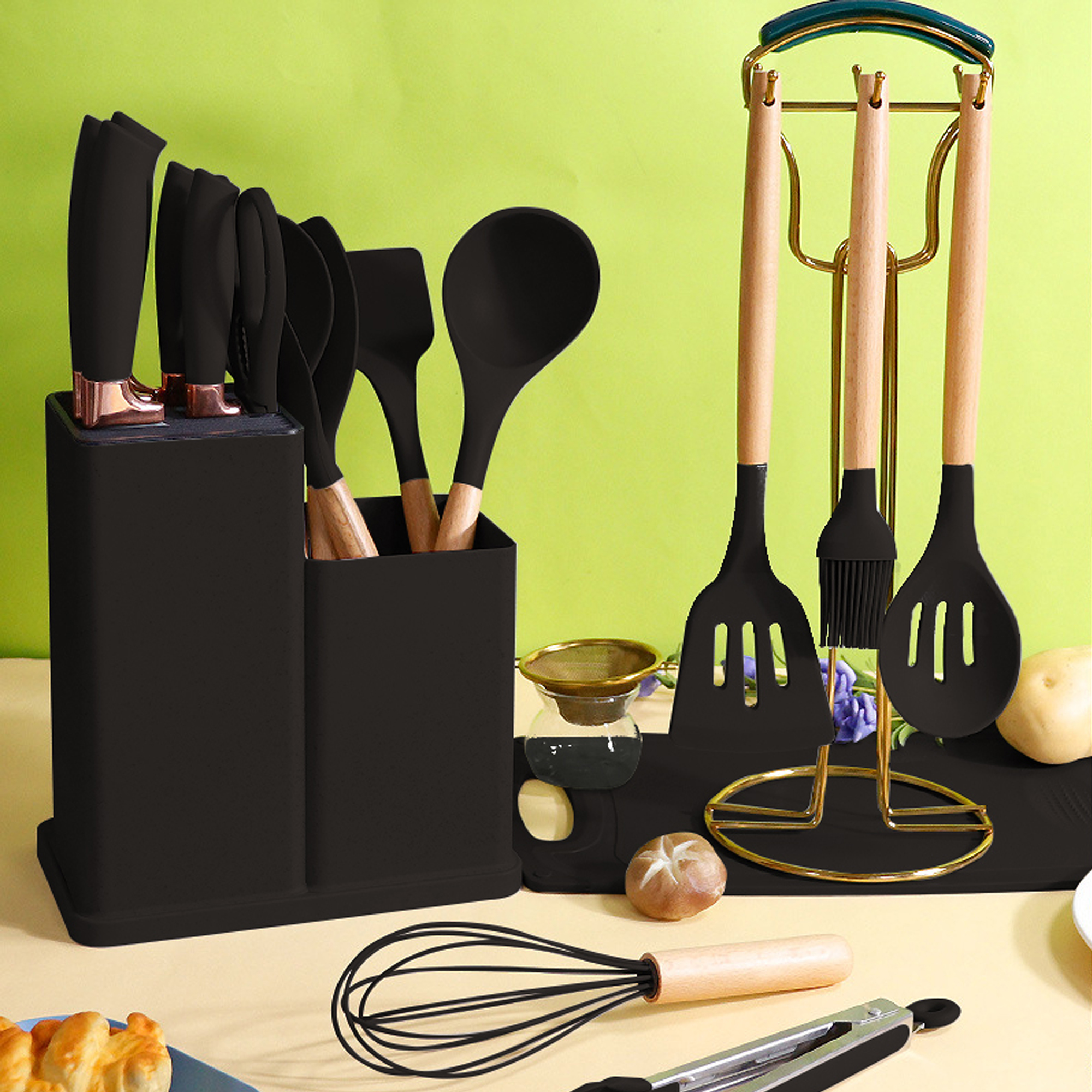 19-Piece Cooking Utensils and Knife Block Set with Mini Cutting Board - Black