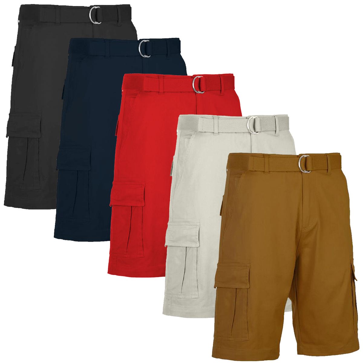 Men's Cotton Flex-Stretch Cargo Shorts with Belt (5-Pack) - MCGS-330-BK-NV-RD-ST-TB - 40