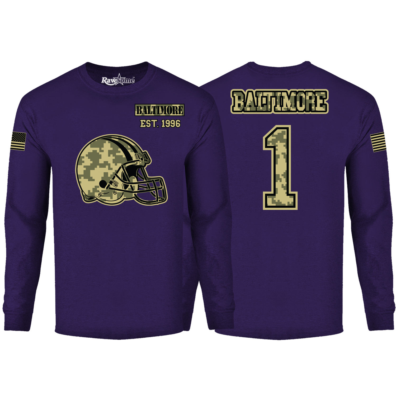 Men's Ultimate Camo Football Long Sleeve Shirt - Baltimore - Purple / S