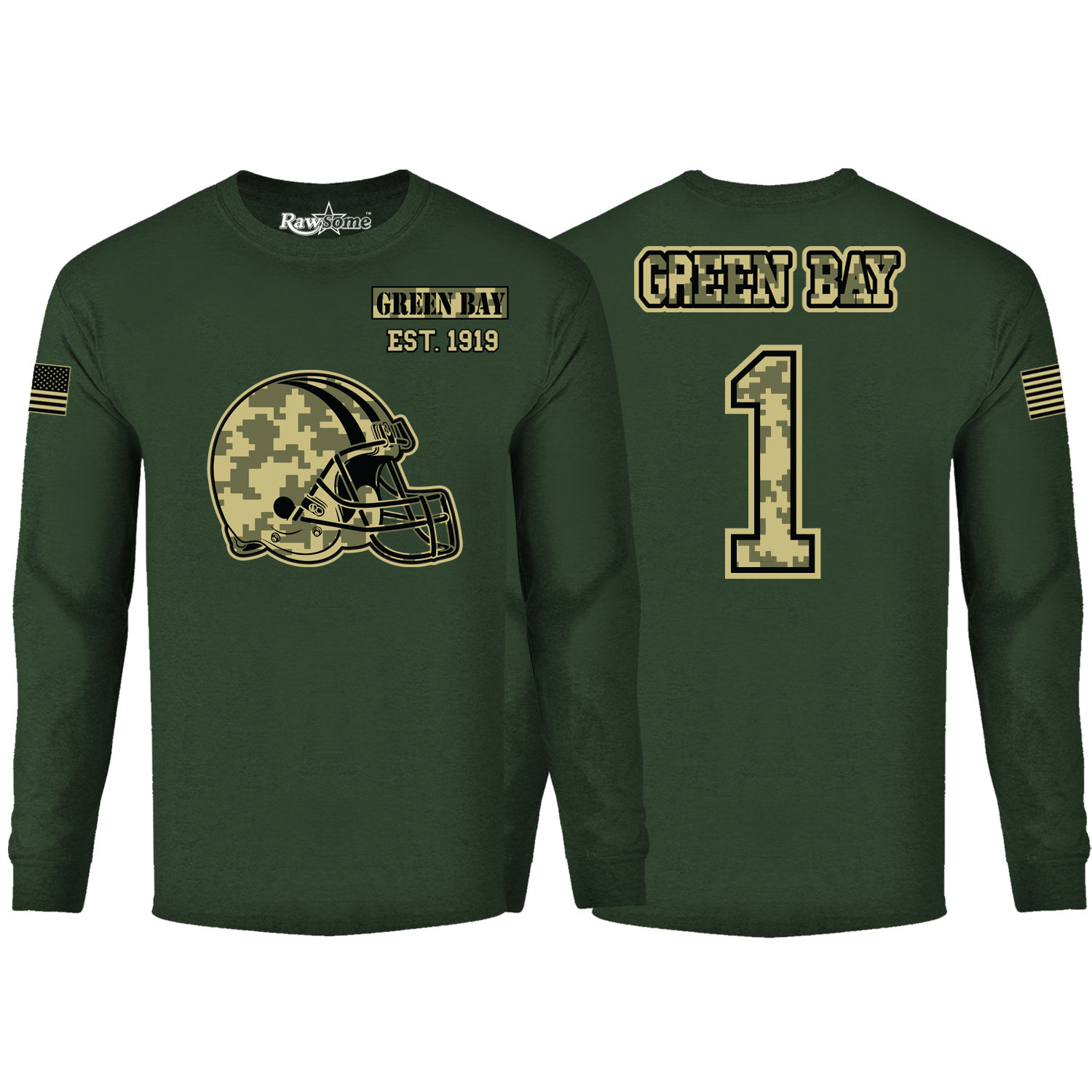 Men's Ultimate Camo Football Long Sleeve Shirt - Green Bay - F.Green / L