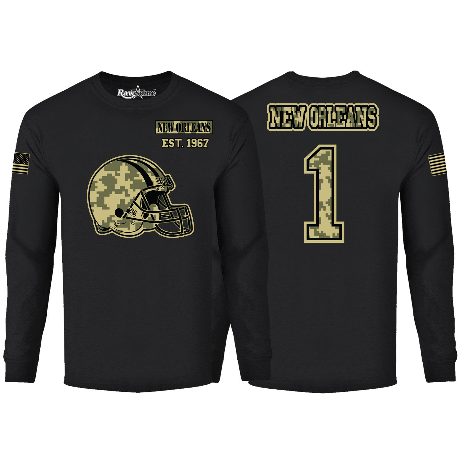 Men's Ultimate Camo Football Long Sleeve Shirt - New Orleans - Black / S