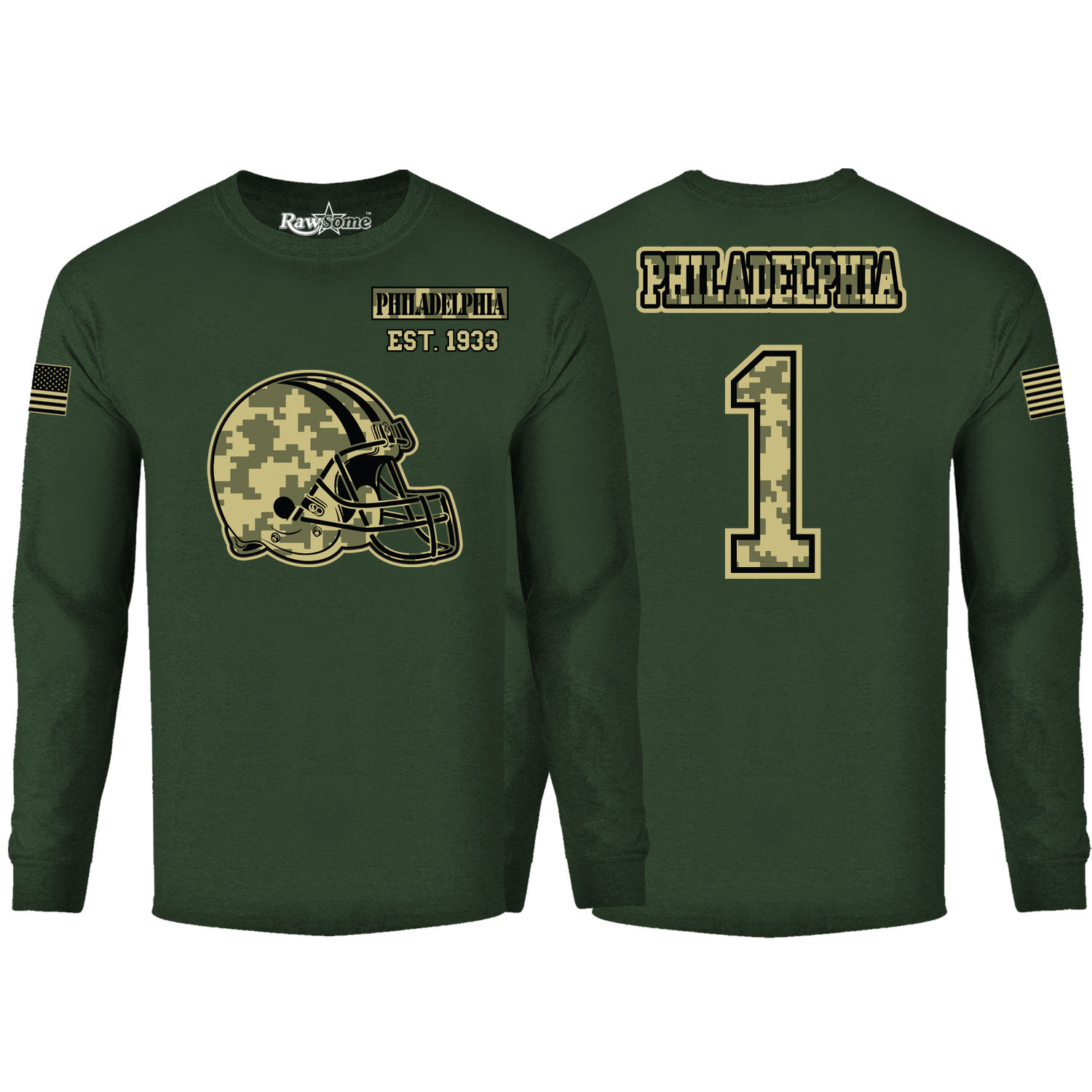 Men's Ultimate Camo Football Long Sleeve Shirt - Philadelphia - F.Green / 2XL