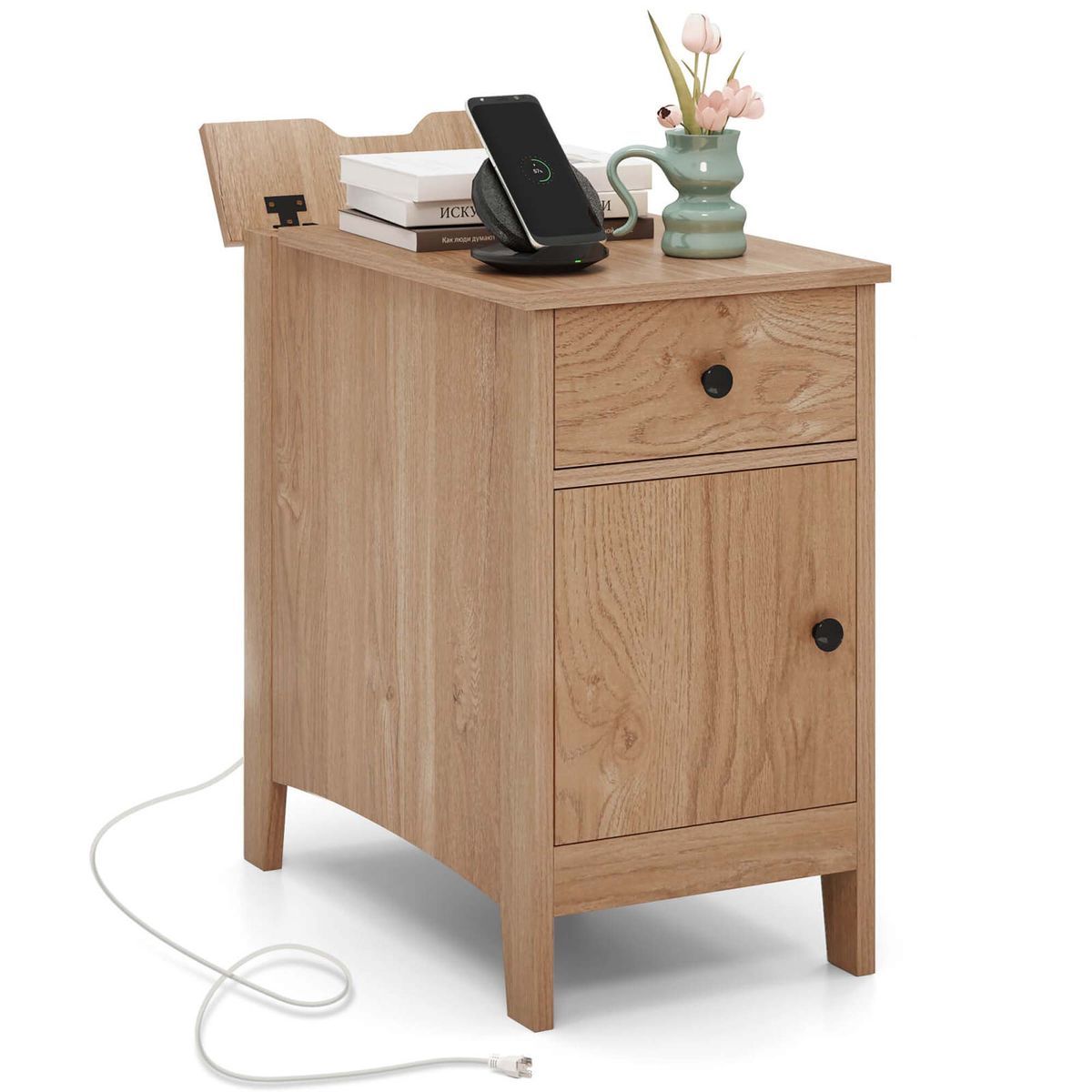 End Table with Charging Station and Built-In Power Strip - 1PCS End Table -Natural