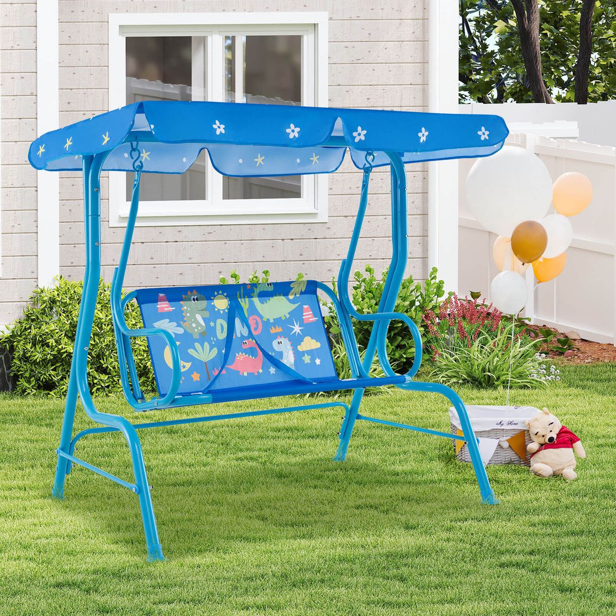 2-Seat Toddler Porch Swing with Metal Stand and Adjustable Canopy - Porch Swing-Blue