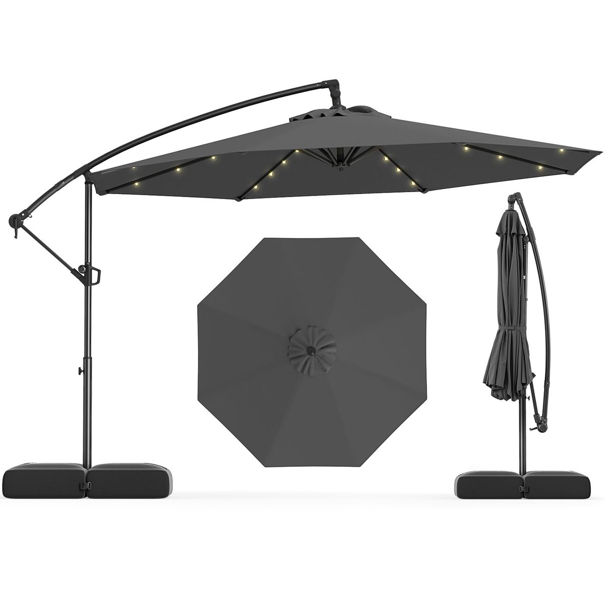 10-foot Offset Hanging Umbrella with Base (With or Without Lights) - Patio Umbrella-Gray with Lights