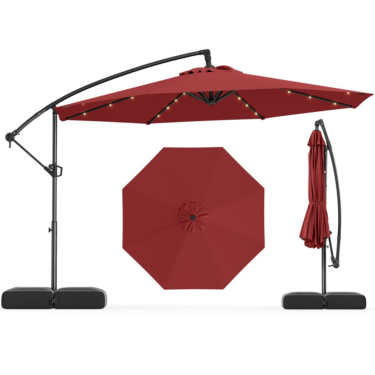 10-foot Offset Hanging Umbrella with Base (With or Without Lights) - Patio Umbrella-Red with Lights