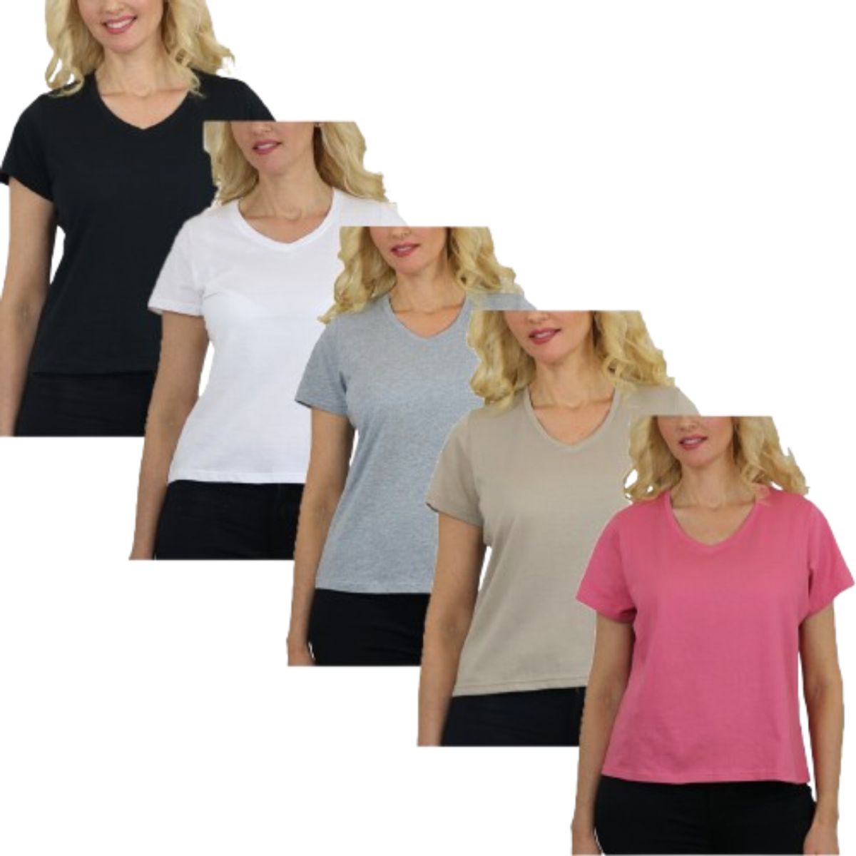 Women&rsquo;s Relaxed Fit V-Neck Short Sleeve Tee (5-Pack) - LVT-100 - BK-WH-HG-MV-BP - XL