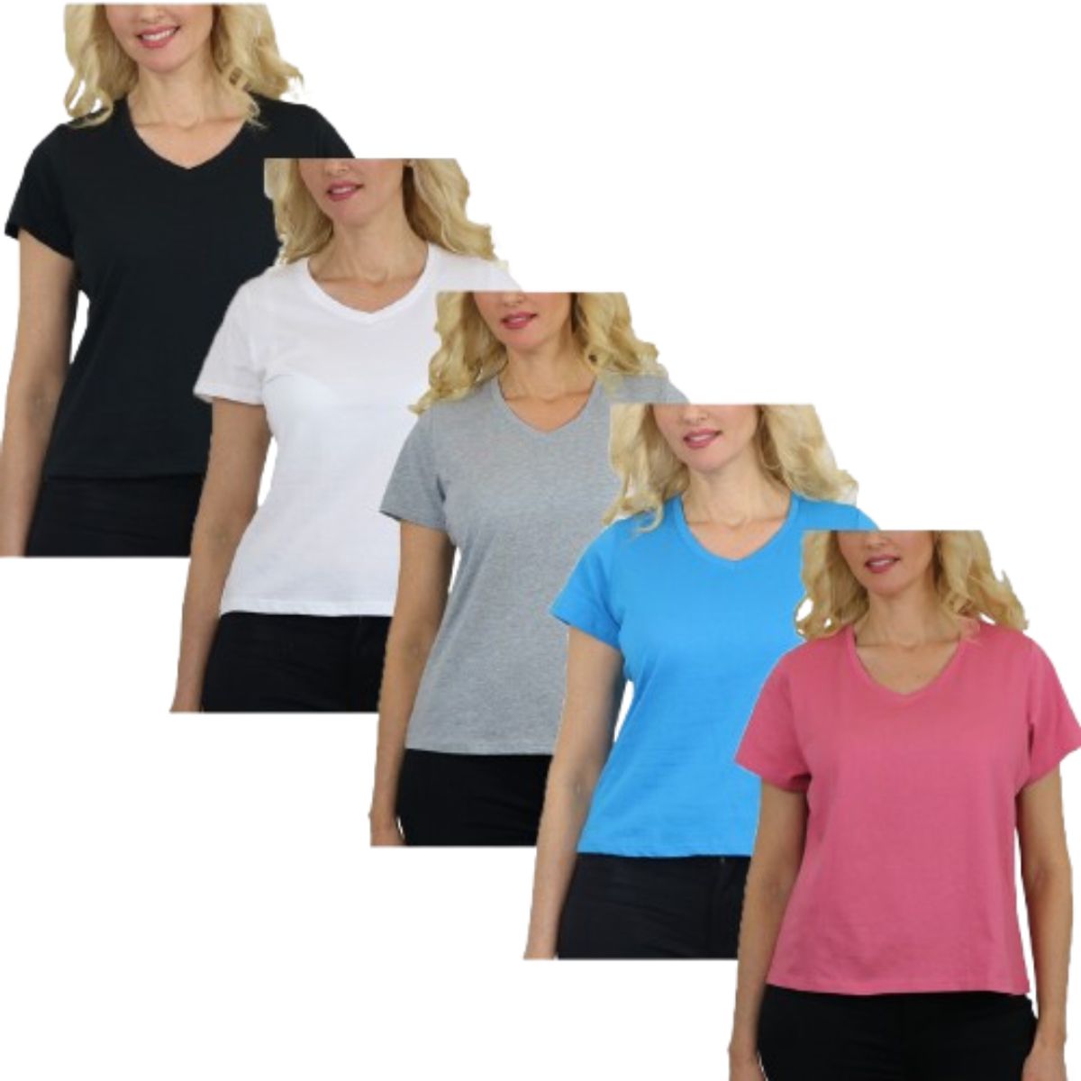 Women&rsquo;s Relaxed Fit V-Neck Short Sleeve Tee (5-Pack) - LVT-100 - BK-WH-HG-AQ-BP - 2XL