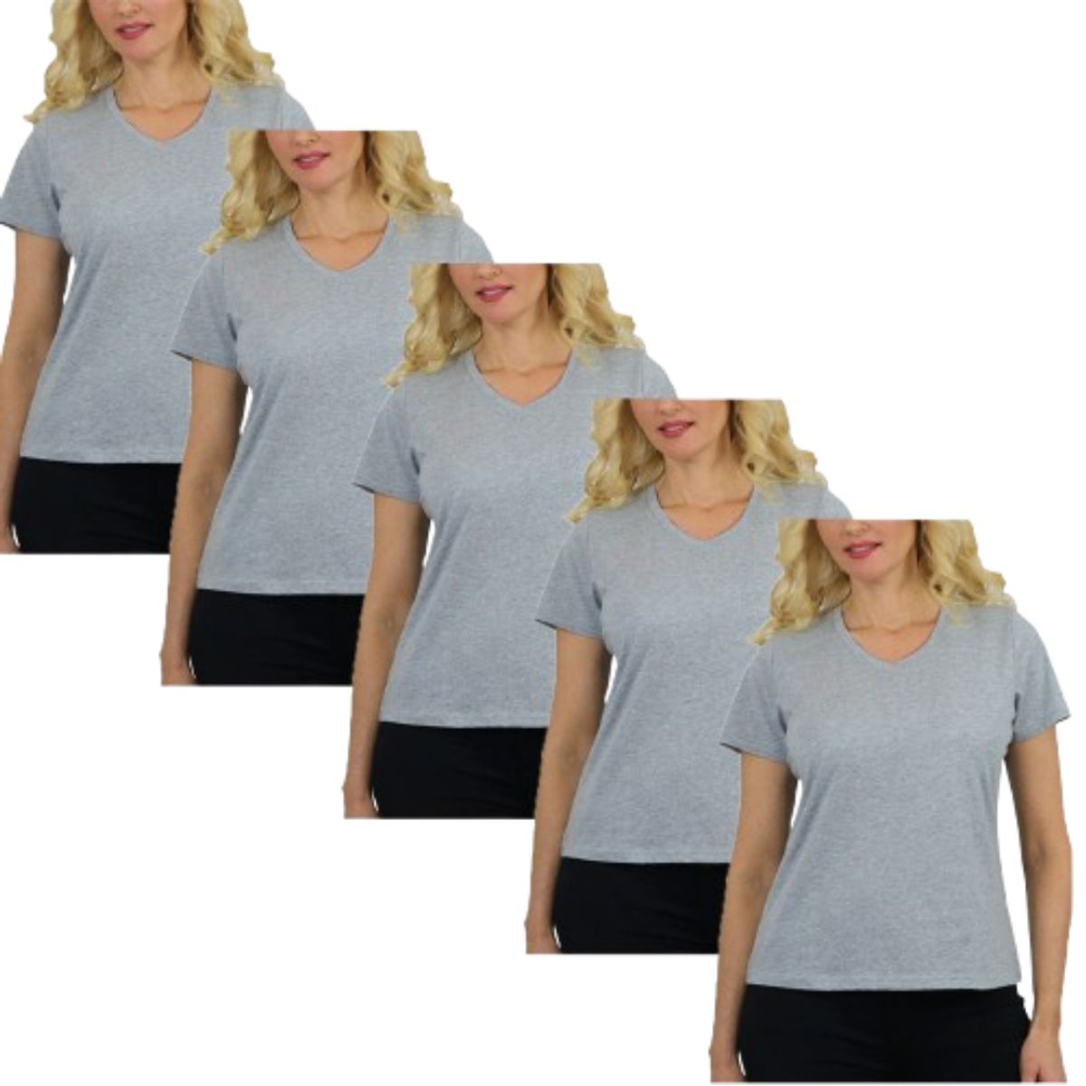 Women&rsquo;s Relaxed Fit V-Neck Short Sleeve Tee (5-Pack) - LVT-100 - HG-HG-HG-HG-HG - L