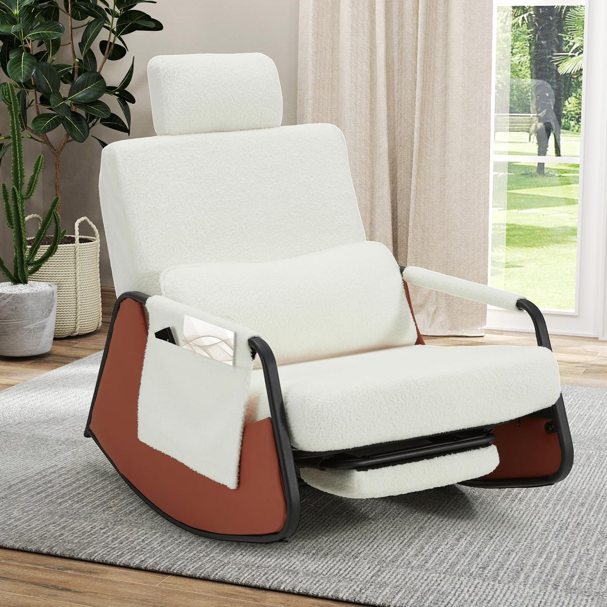 Gliding Rocking Chair with Retractable Footrest  - White Teddy Velvet