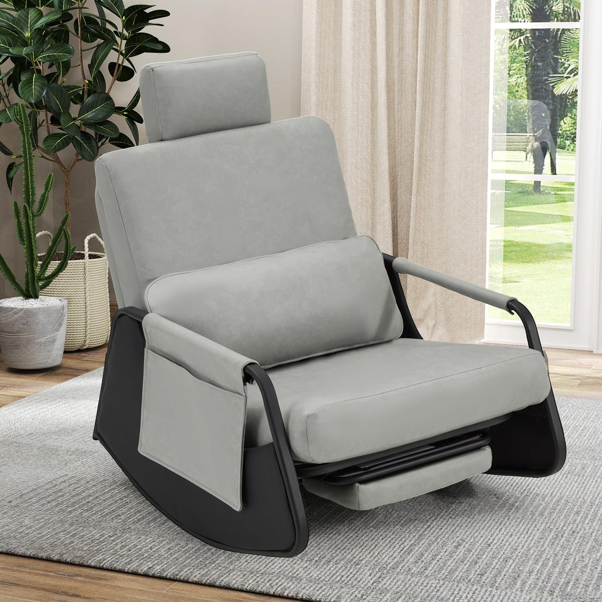 Gliding Rocking Chair with Retractable Footrest - Grey Leather