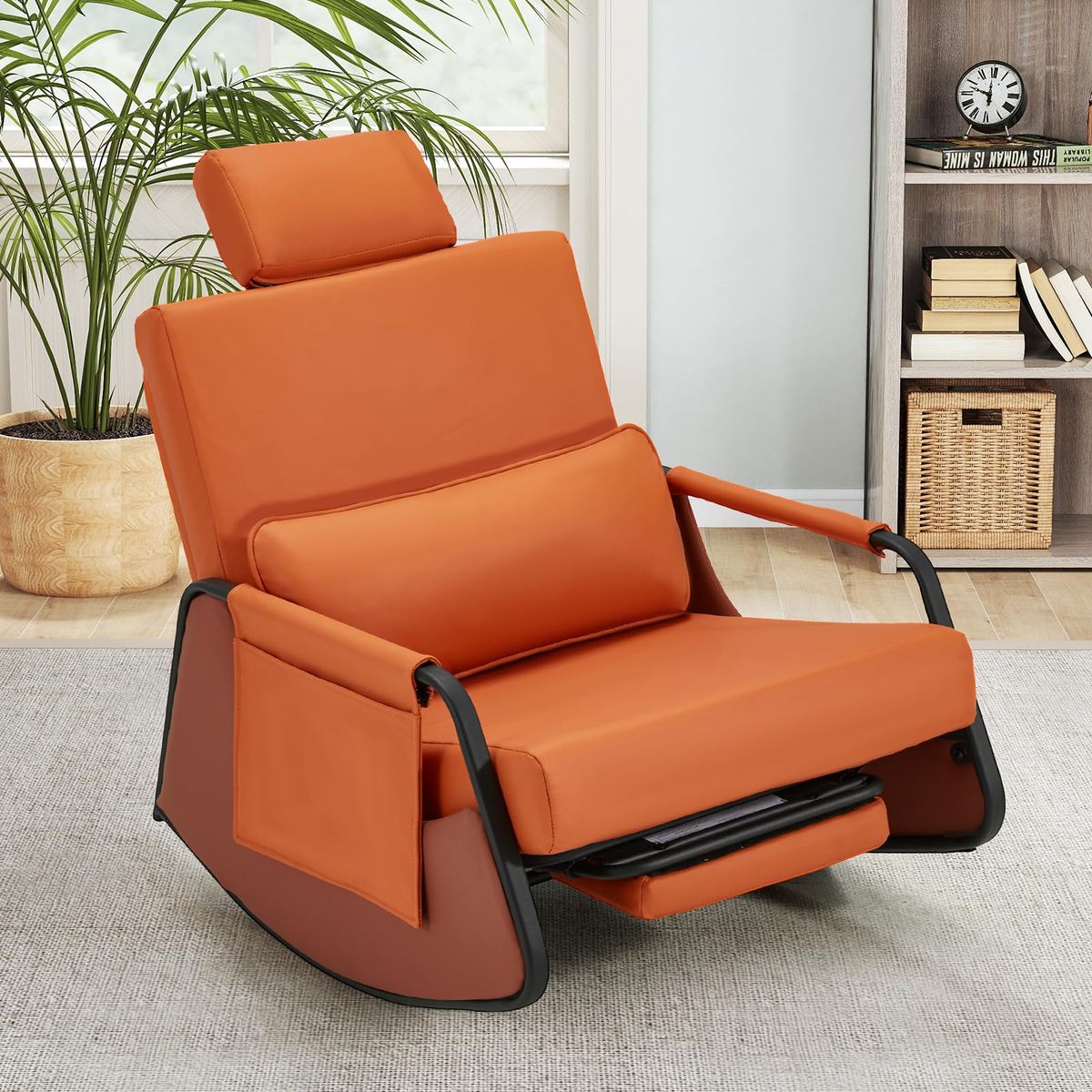 Gliding Rocking Chair with Retractable Footrest - Orange Leather