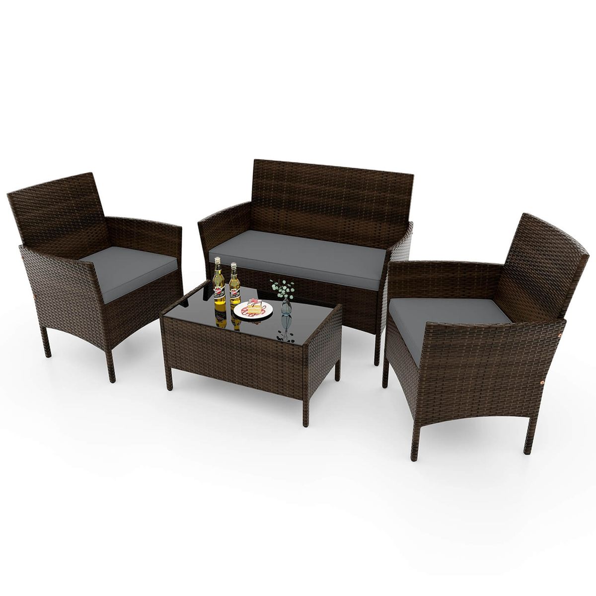 4-Piece Patio Rattan Conversation Set (8 Colors) - Patio Furniture Set-Gray