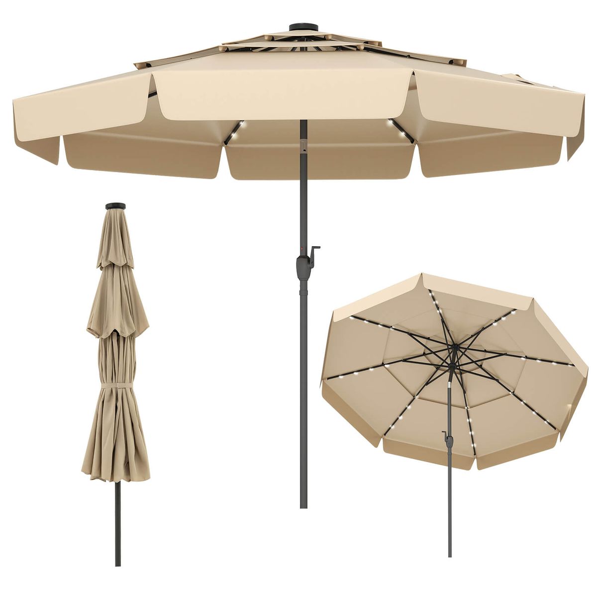10-foot Solar Patio Umbrella with 3-Tier Vented Top and 32 LED Lights - Patio Umbrella-Beige