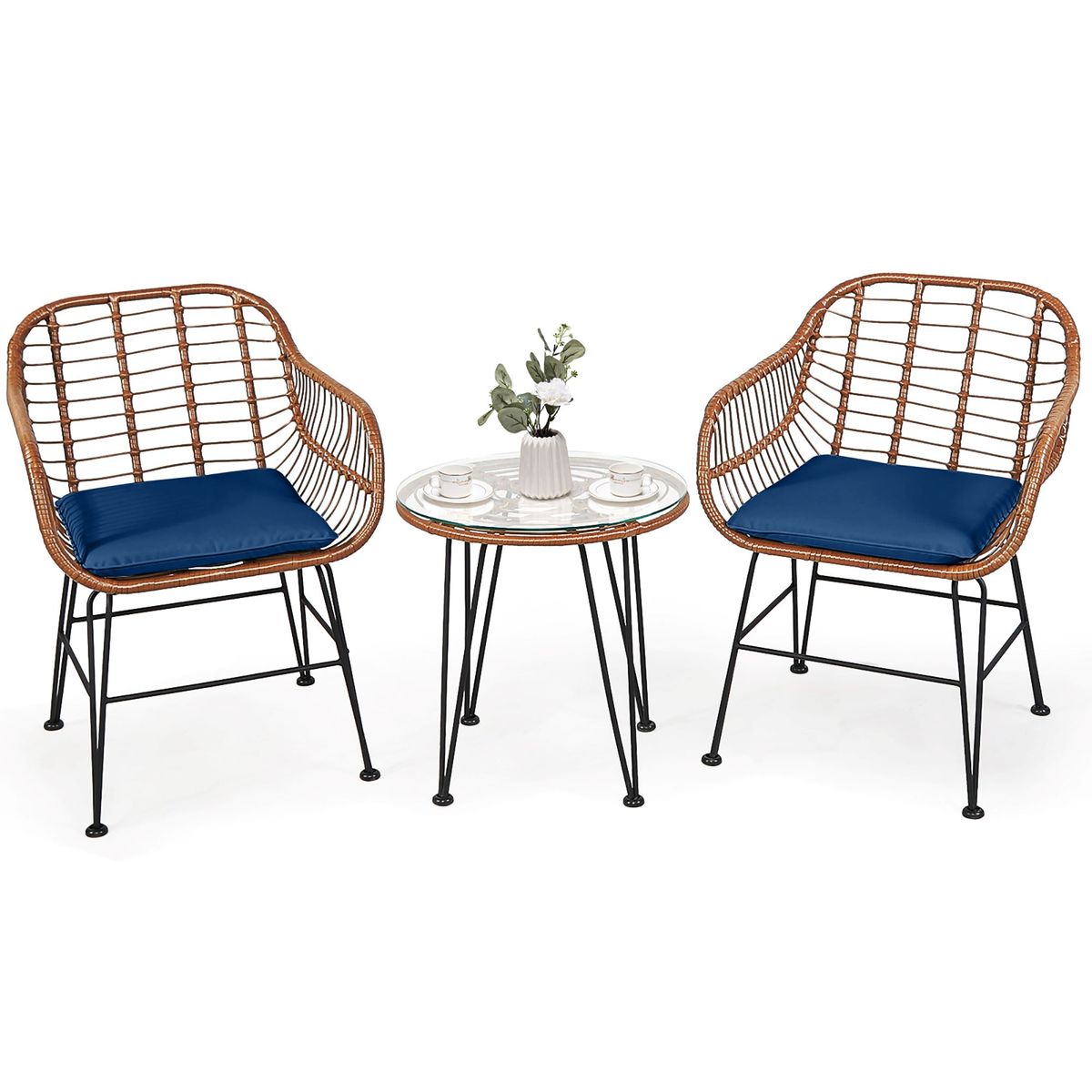 Rattan 3-Piece Bistro Furniture Set - Bistro Set -Navy