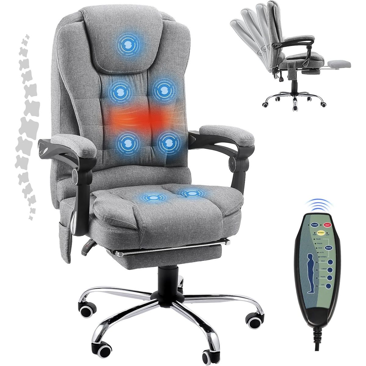 Ergonomic Recliner Office Chair with Massage and Heat Functions - Grey Linen