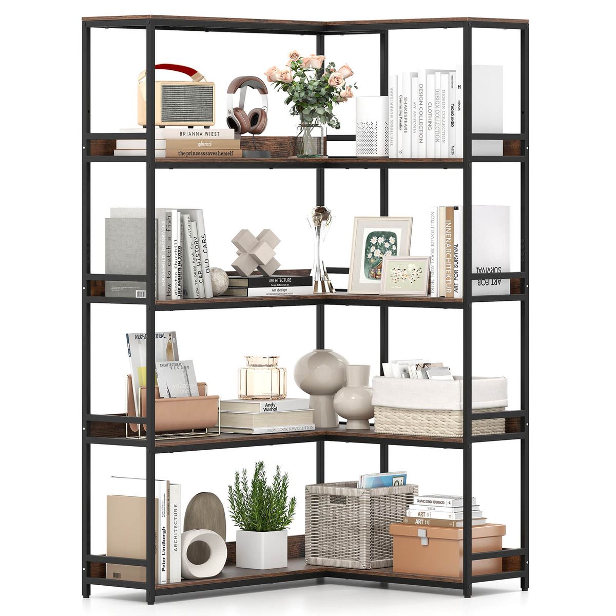5-Tier 71"  L-Shaped Corner Bookcase with 2 Anti-Toppling Kits - Bookshelf-Brown