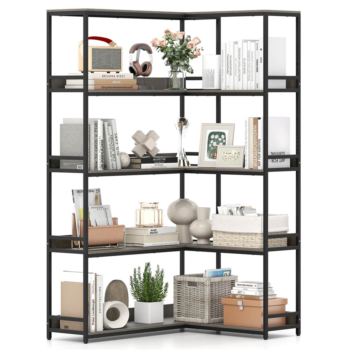 5-Tier 71" L-Shaped Corner Bookcase with 2 Anti-Toppling Kits - Bookshelf-Gray