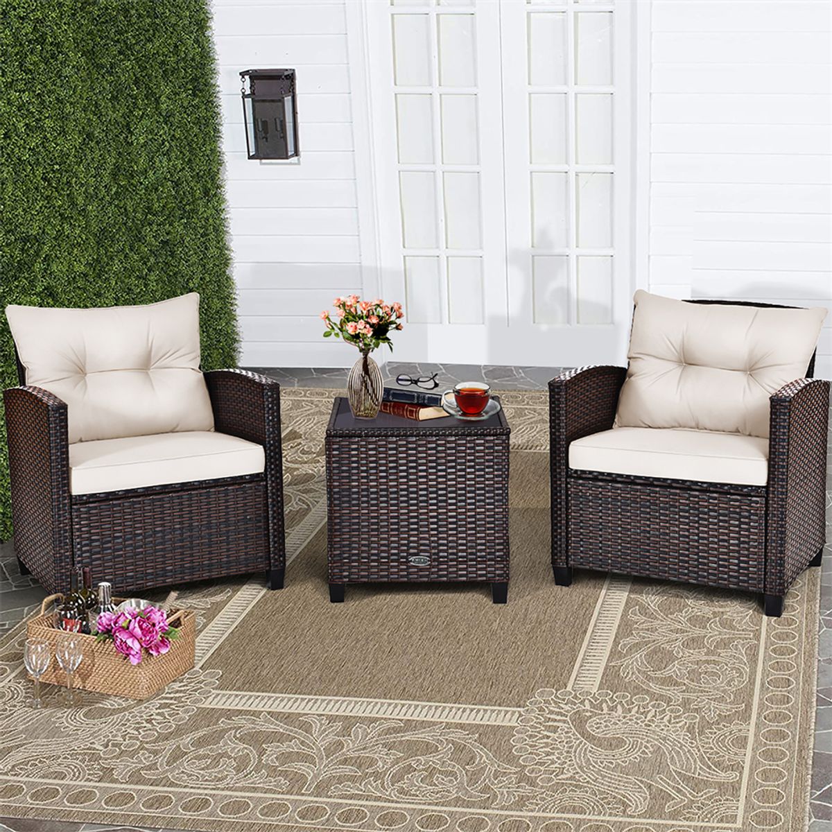 3-Piece Rattan Patio Furniture Set with Large Cushions - Furniture Set 3PCS-White