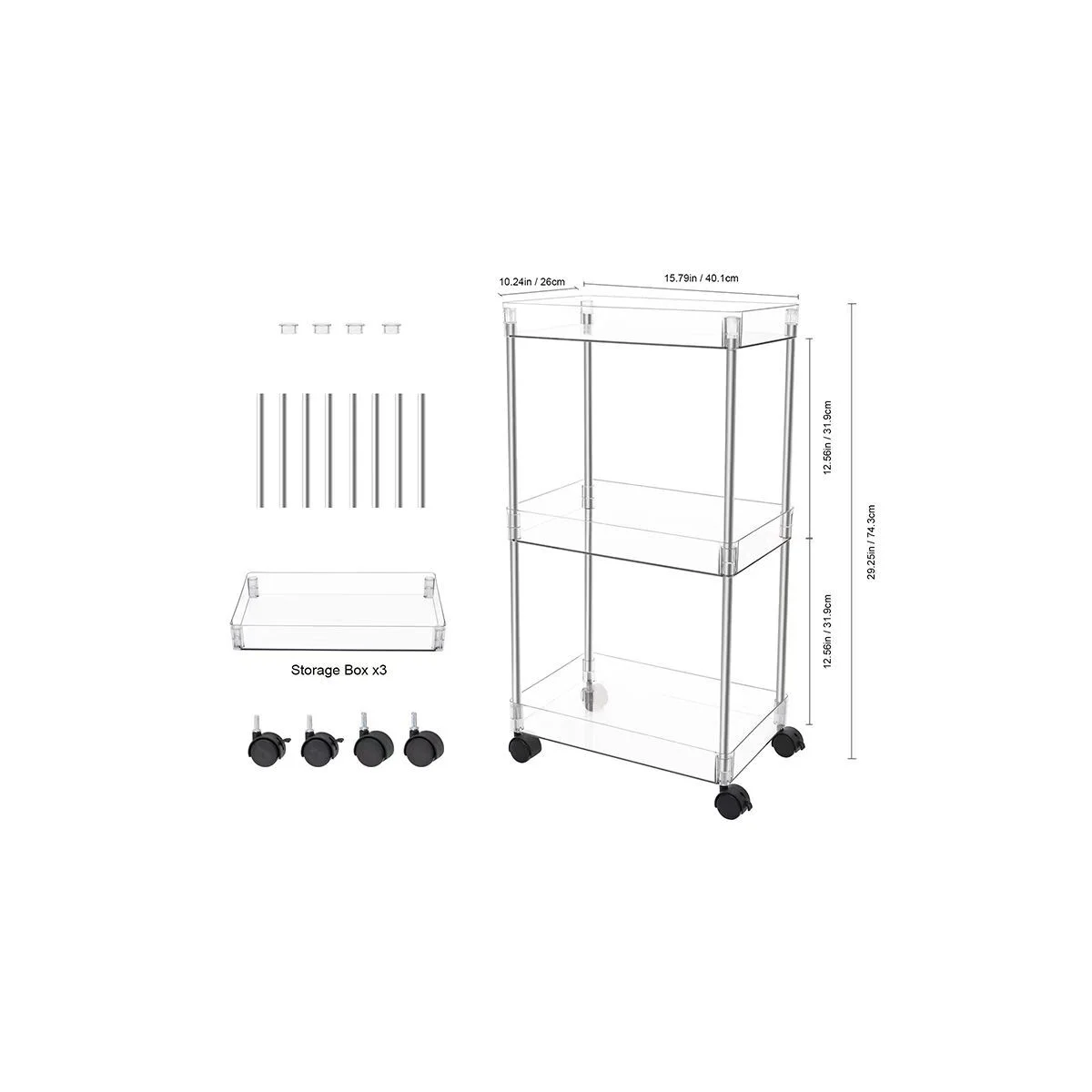 3-Tier Acrylic Rolling Cart with Wheels and Lockable Casters - Standard