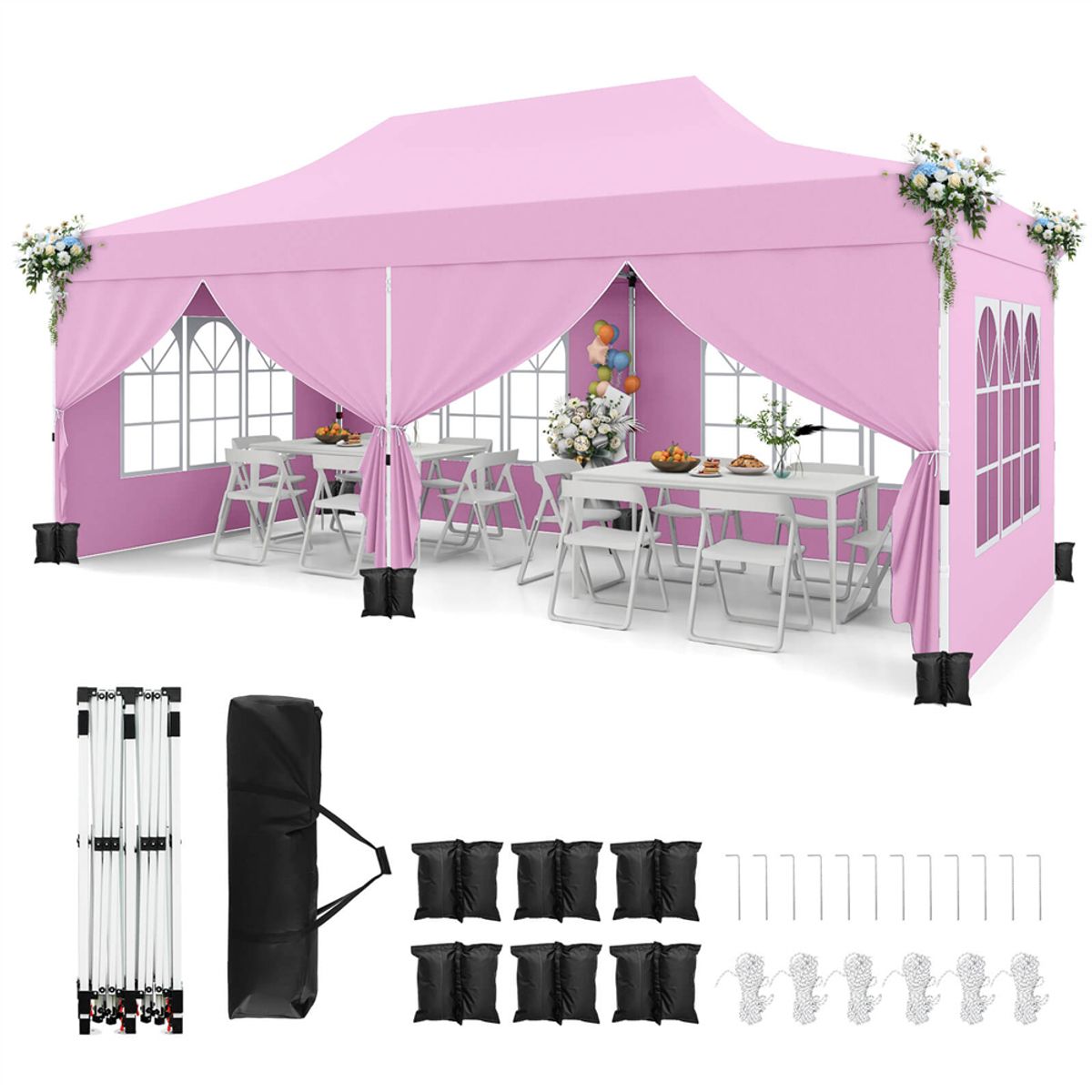 10 x 20-Foot Pop-up Canopy Tent with Windows - Pop up Canopy -Pink