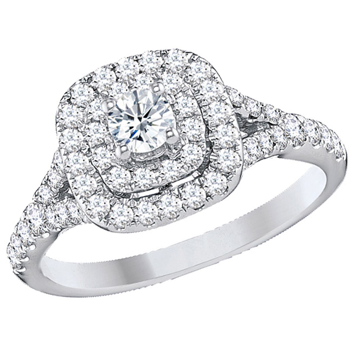 1.00 Carat (I1-I2) Diamond Double Halo Engagement Ring in 14K White Gold - Ring size: 5