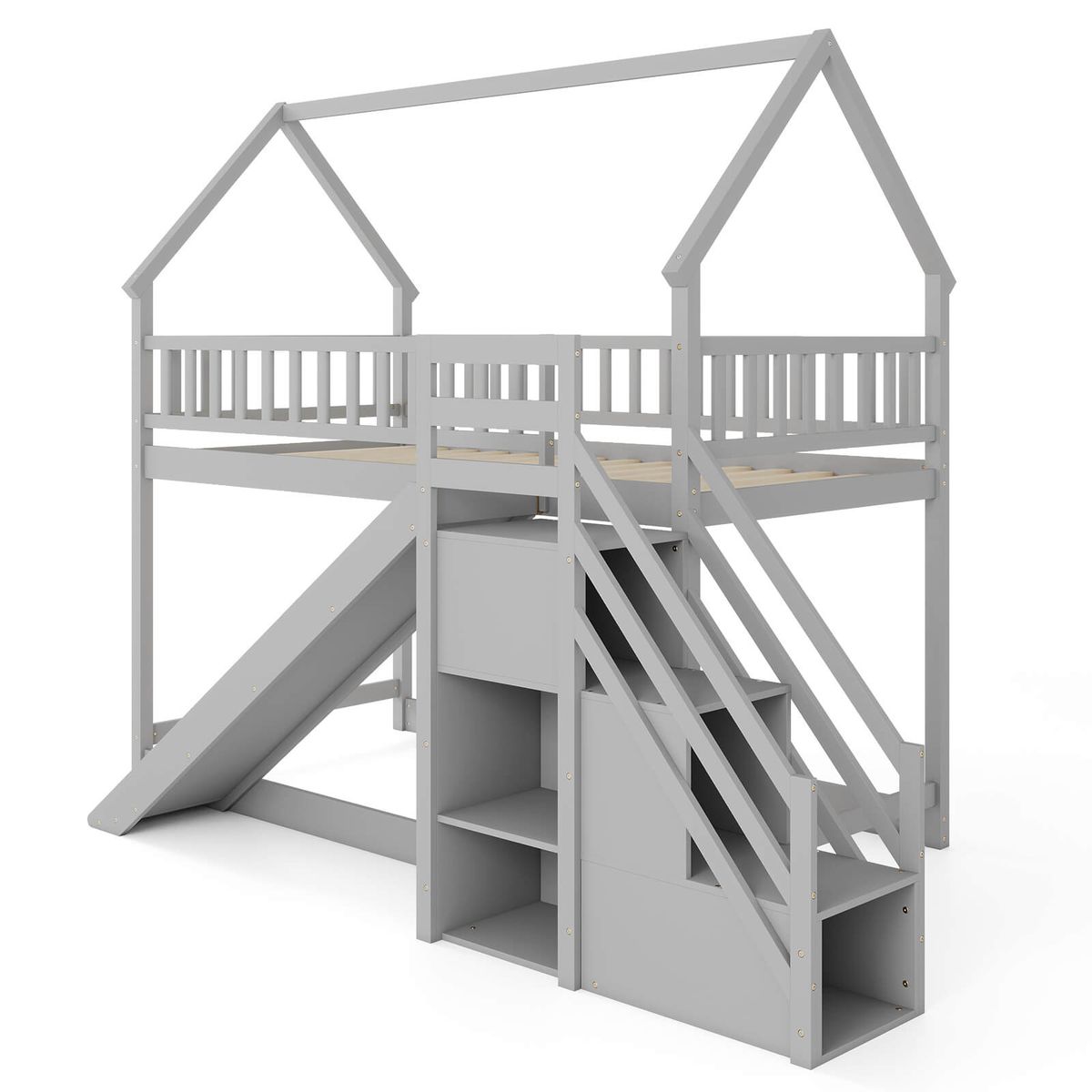 Twin-Over-Twin Bunk Bed with Staircase and Storage  - Bunk Bed-Gray