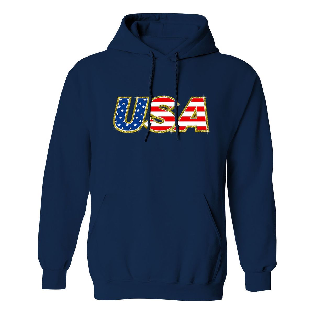 Men's Patriotic USA Pullover Hoodie - USA Gold Border - Navy / 2XL