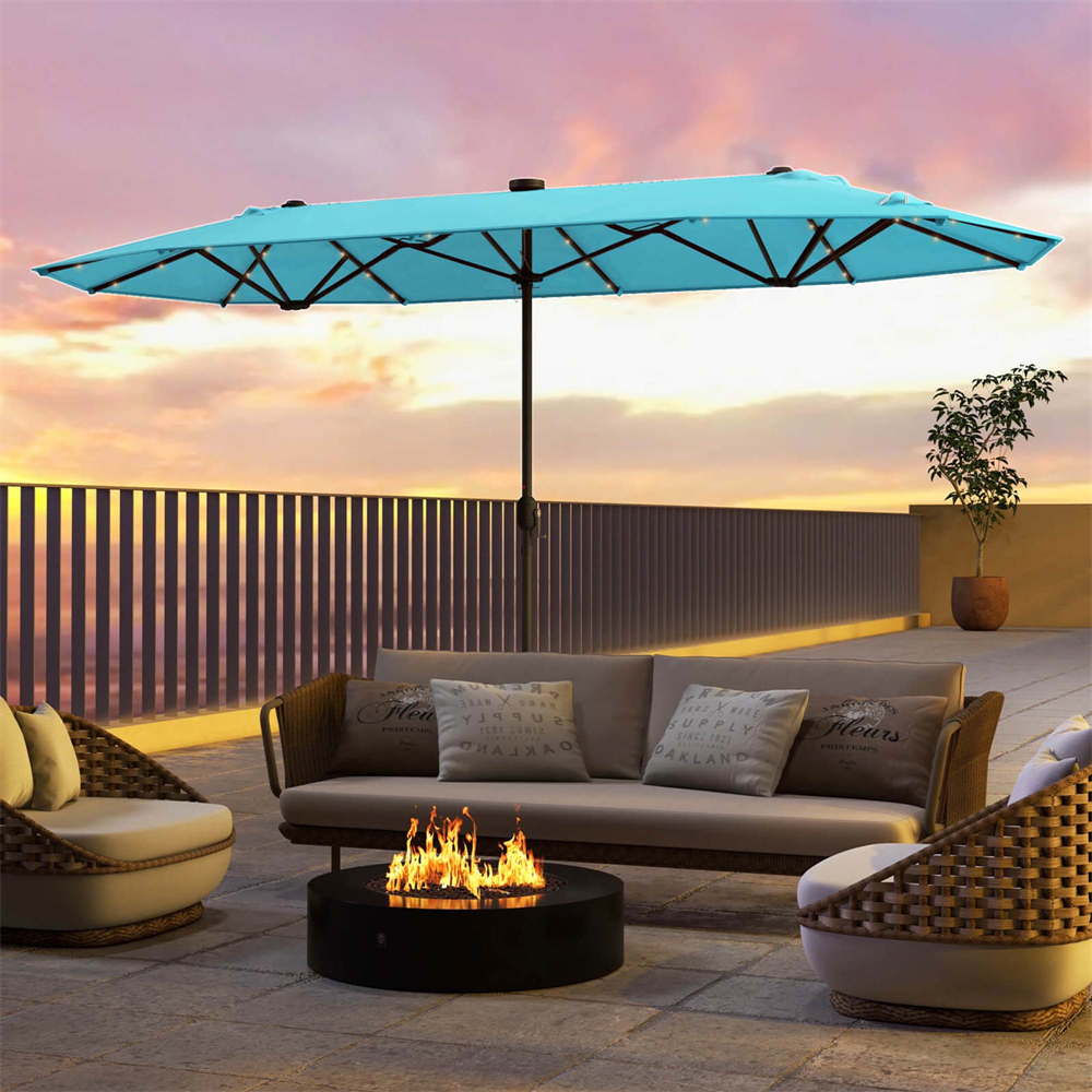 13-Foot Twin Patio Umbrella with Solar LED Lights - Umbrellas-TU